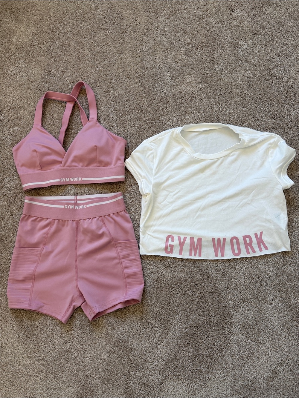 ‼️ 3 Piece Gym Work Pink Active Set with White Crop Tee ‼️